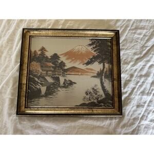 Japanese Silk Art Mt Fuji Landscape Pagoda Framed Wall Decor